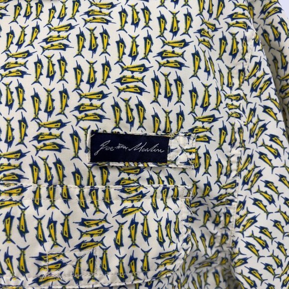 Joe Marlin Mens Large Short-Sleeve Button-Up Shirt Marlin Fish Print Yellow Blue - Picture 6 of 8
